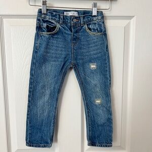 ZARA Kids Unisex Distressed Ripped Straight Leg Denim Jeans Adjustable Waist 3/4